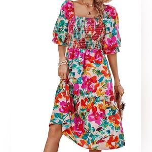 Women's Summer Casual Midi Dress Puff Square Neck Floral Smocked Dresses